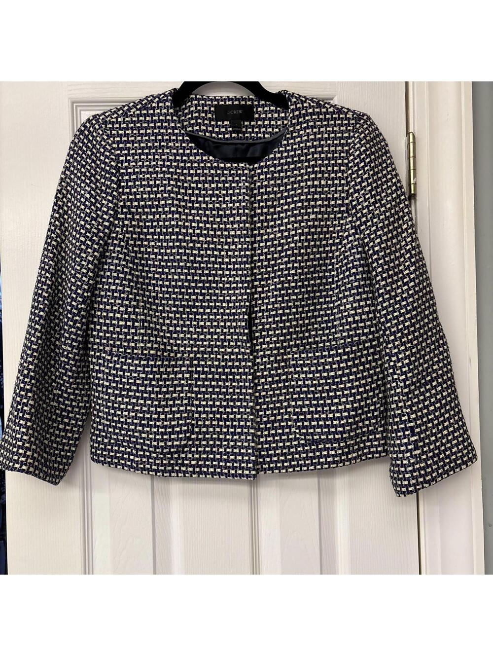 J Crew Short Cropped Tweed Jacket Blazer Black Ivory Purple Metallic. Size 8.